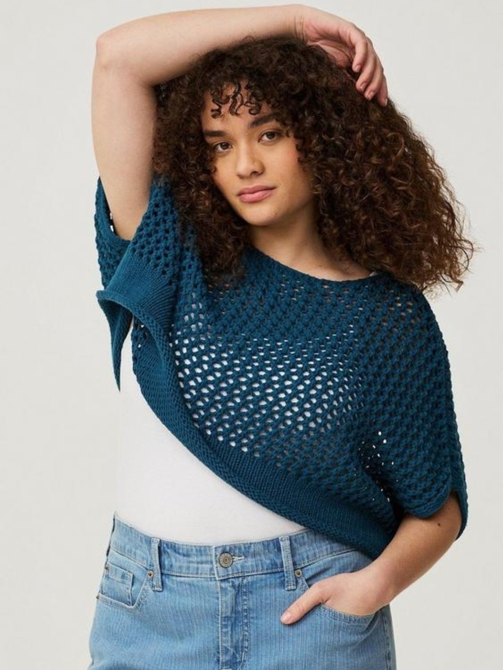 Brand New Torrid Teal Open-Knit Crop Short Sleeve Sweater Size 5/6